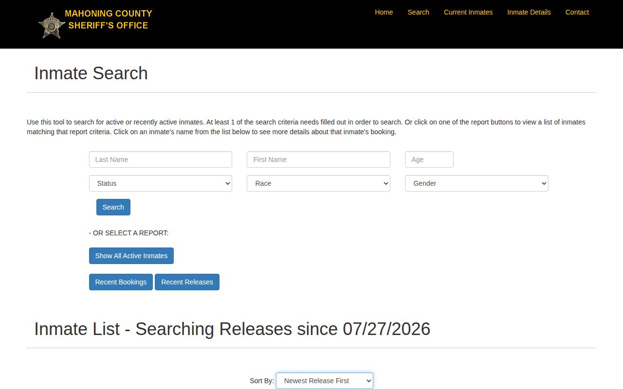 Mahoning County Justice Center recent release record report