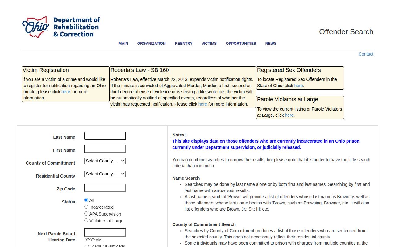 Ohio State Penitentiary release search through the ODRC offender form