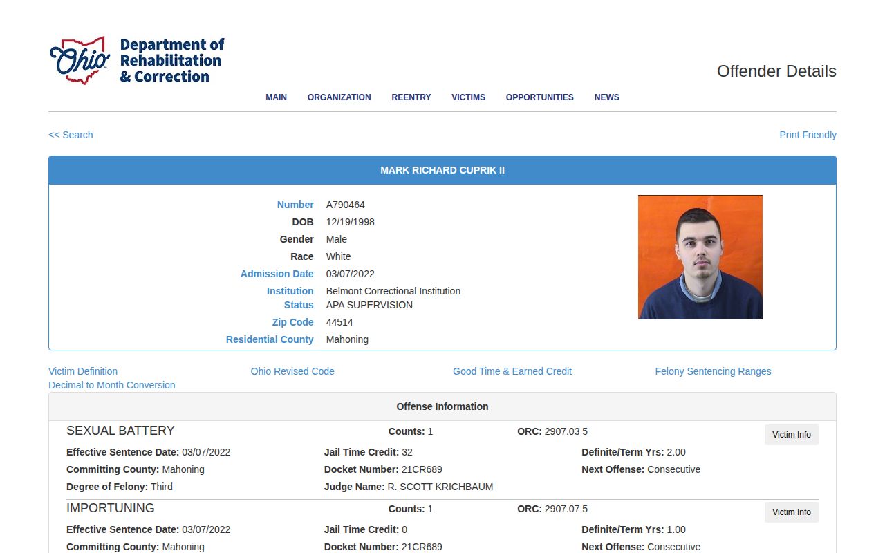 Ohio State Penitentiary released or APA supervision record fields